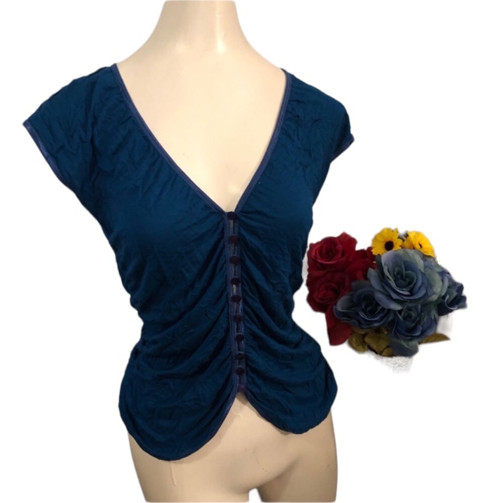 French Connection Blue Ruched Buttoned Blouse